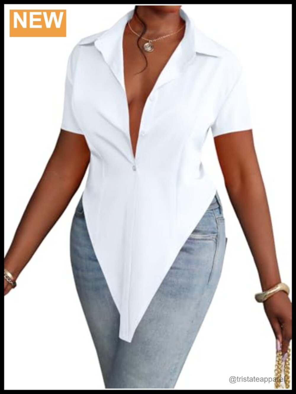 Women's Collar V Neck Y2k Button Front Blouse Short Sleeve Split Hem